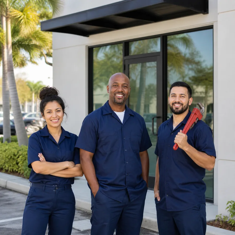 Sample three-person plumbing team outside a local storefront